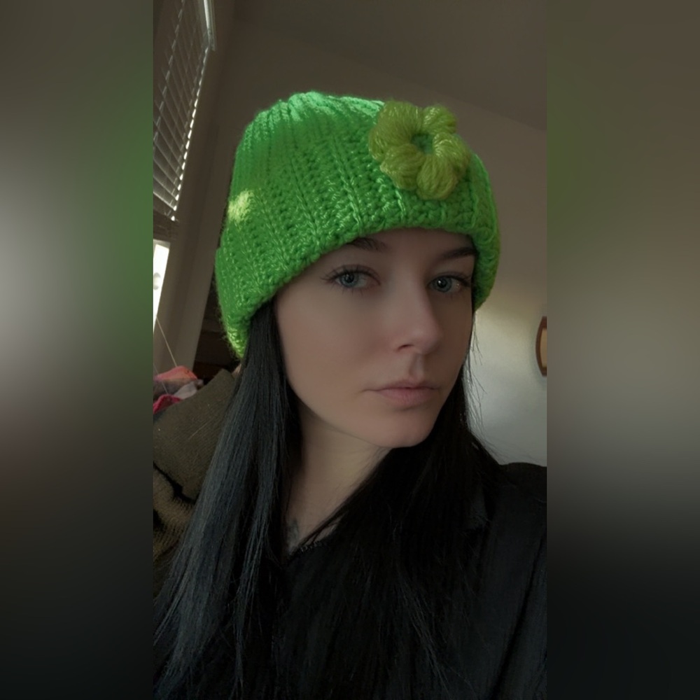 Green Crochet Beanie with Flower - Picture 2 of 4